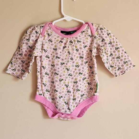 John Deere Baby Girl Pink Green Tractor Long Sleeve Onesie Size 3/6 Months - Picture 2 of 6
